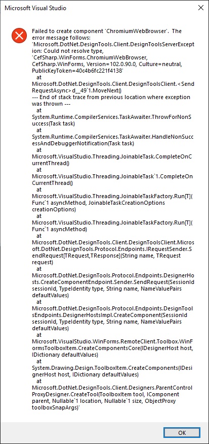 將 ChromiumWebBrowser 添加到專案時出錯 - C# Visual Studio