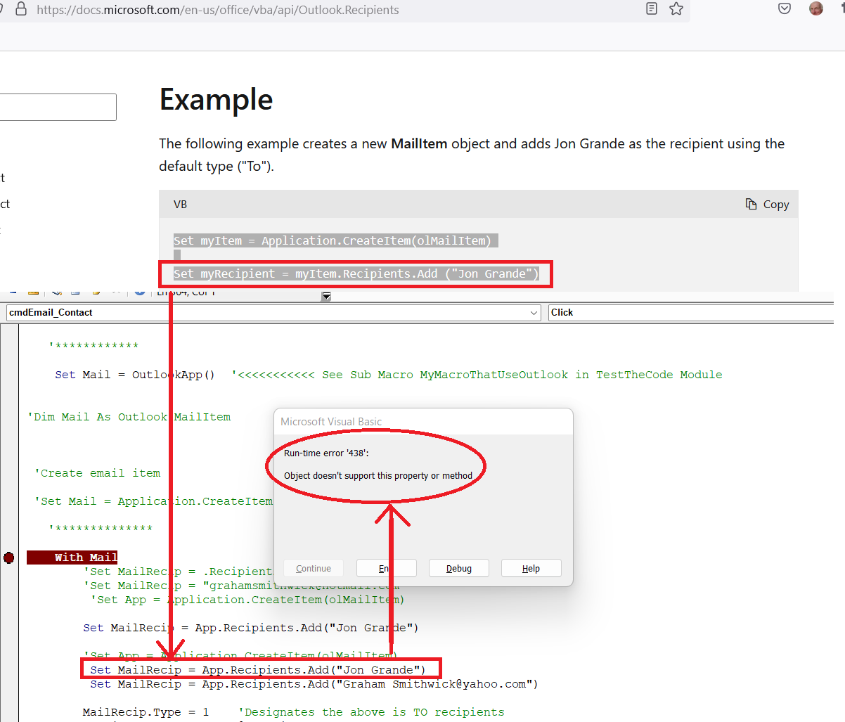 Outlook.Application.Recipients.Add() 的運行時錯誤 438
