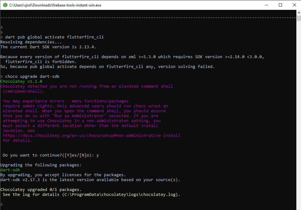 Flutter_CLI:因為flutterfire_cli每個版本都依賴xml>=5.3.0,需要SDK版本>=2.14.0<3.0.0,所以flutterfire_cli是被禁止的