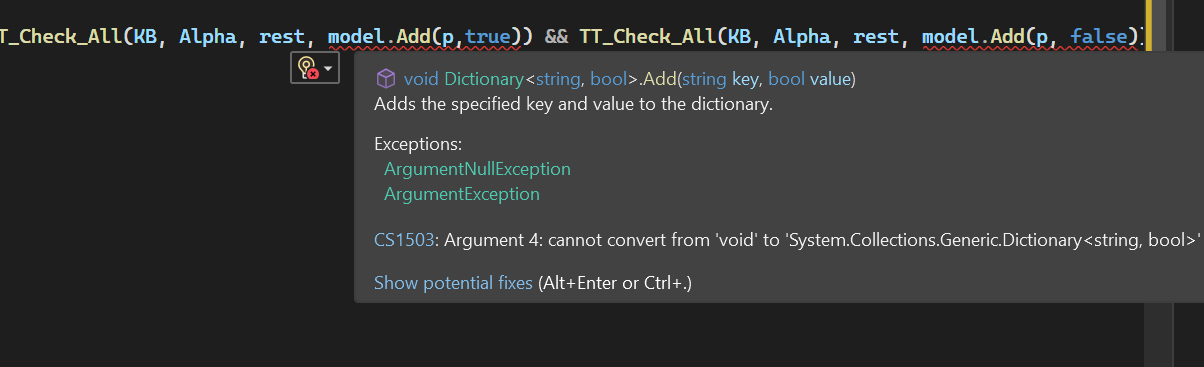 無法從 'void' 轉換為 'System.Collections.Generic.Dictionary<string, bool>'