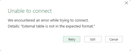 Excel Power Query“外部表不是預期的格式。”