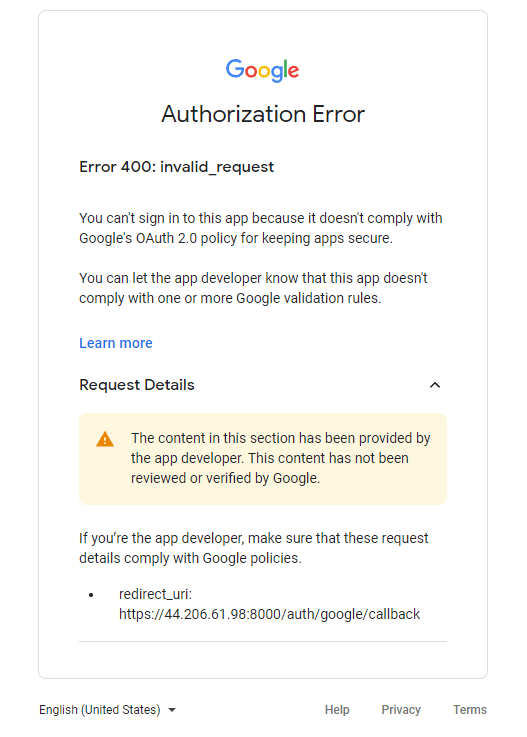 授權錯誤 400:invalid_request Google OAuth 重定向 URI、nodejs 和快速護照