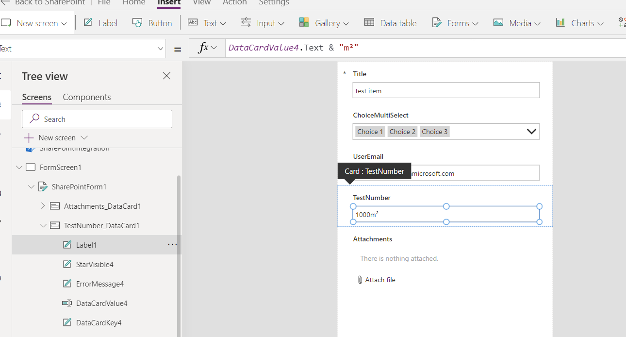 如何在 Powerapps 中向 SharePoint 數字列添加和顯示后綴 m2