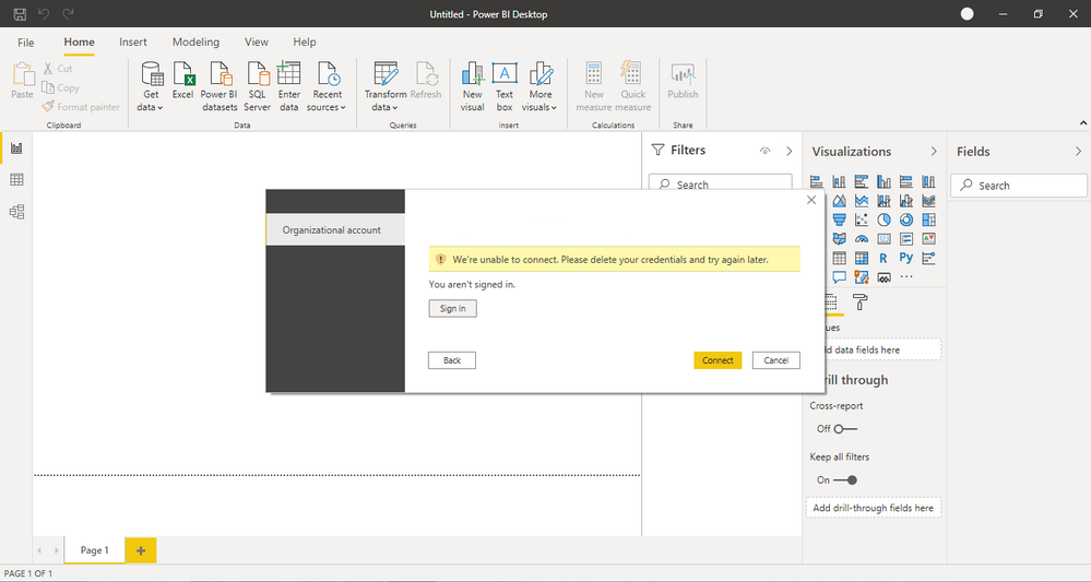 PowerBi 錯誤。我們無法連接。請洗掉您的憑據并稍后重試