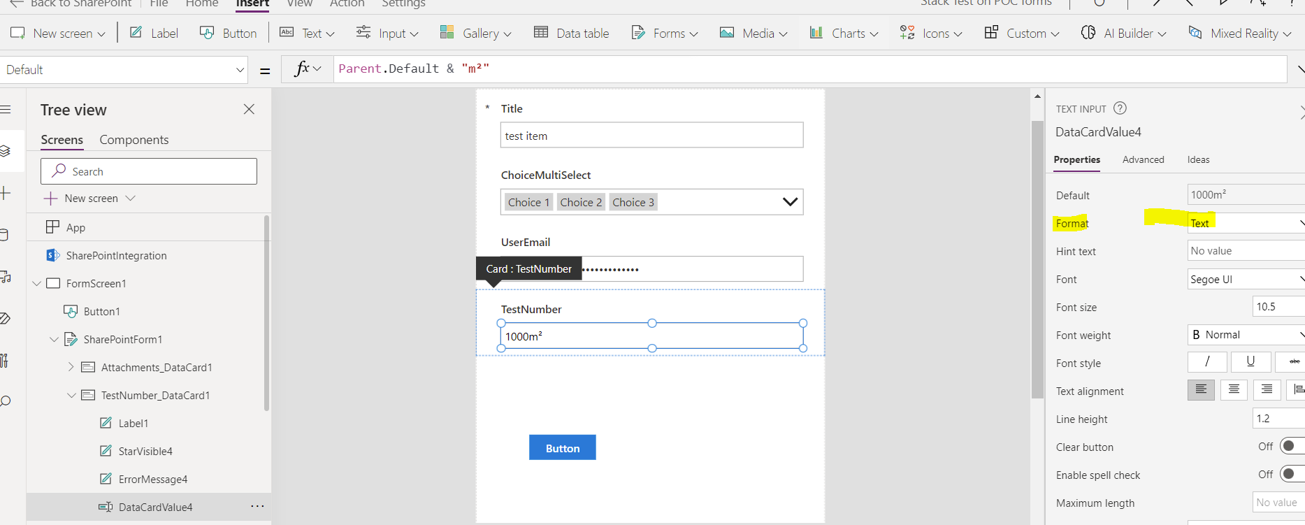 如何在 Powerapps 中向 SharePoint 數字列添加和顯示后綴 m2