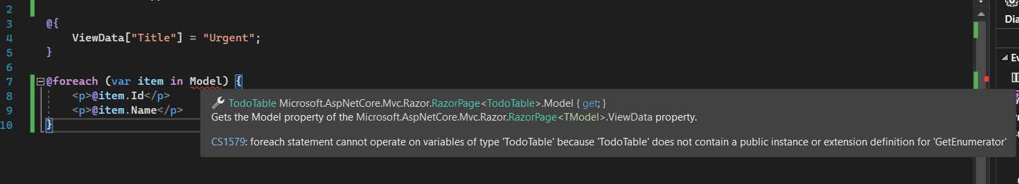 foreach .. 型別為“TodoTable”的變數,因為“TodoTable”不包含“GetEnumerator”錯誤的公共實體或擴展定義