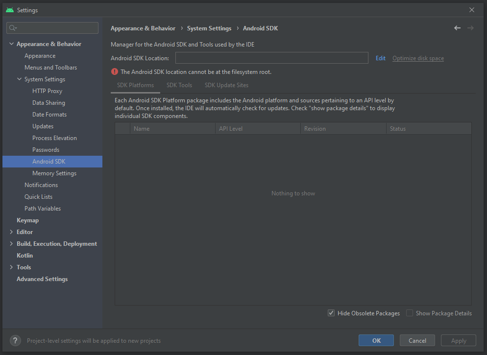 首次啟動 Android Studio 時 Android SDK 不可用