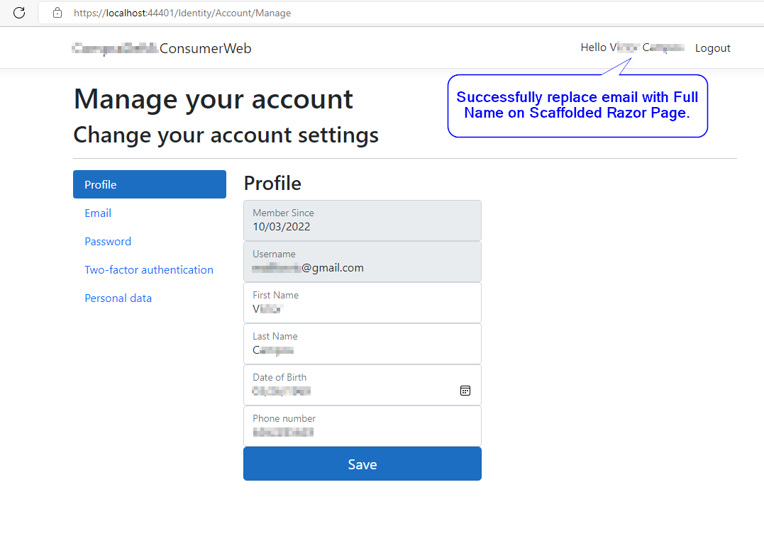 在 asp.net react 專案模板的 Auth Menu 中用全名替換電子郵件