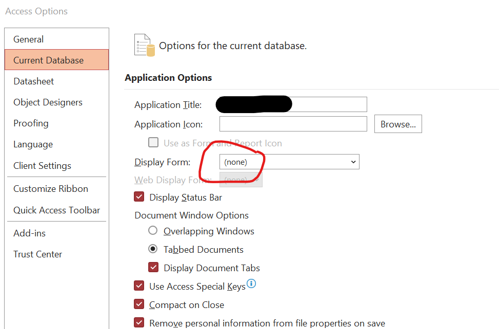 MS Access 當前資料庫顯示表單屬性未保存