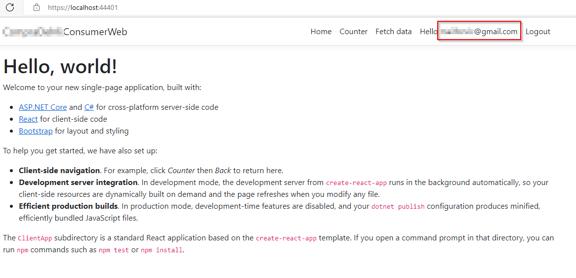 在 asp.net react 專案模板的 Auth Menu 中用全名替換電子郵件