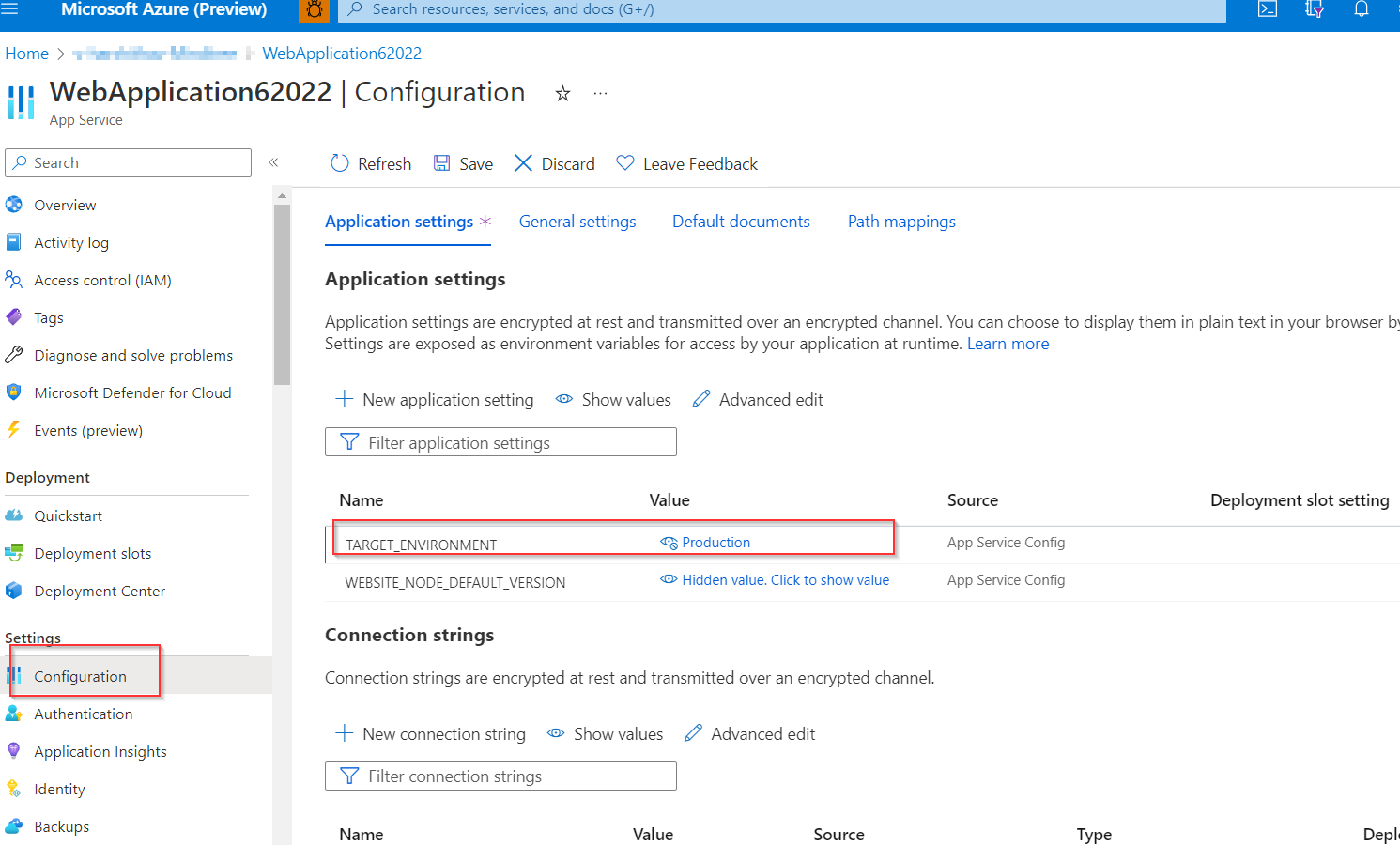 azure 應用服務從 web.debug.config 讀取自定義環境變數而不是配置選單變數
