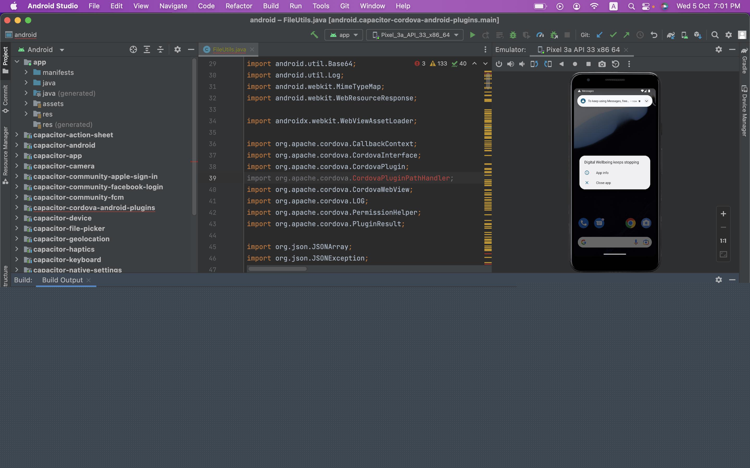使用電容器科爾多瓦插件的 Android Studio 錯誤