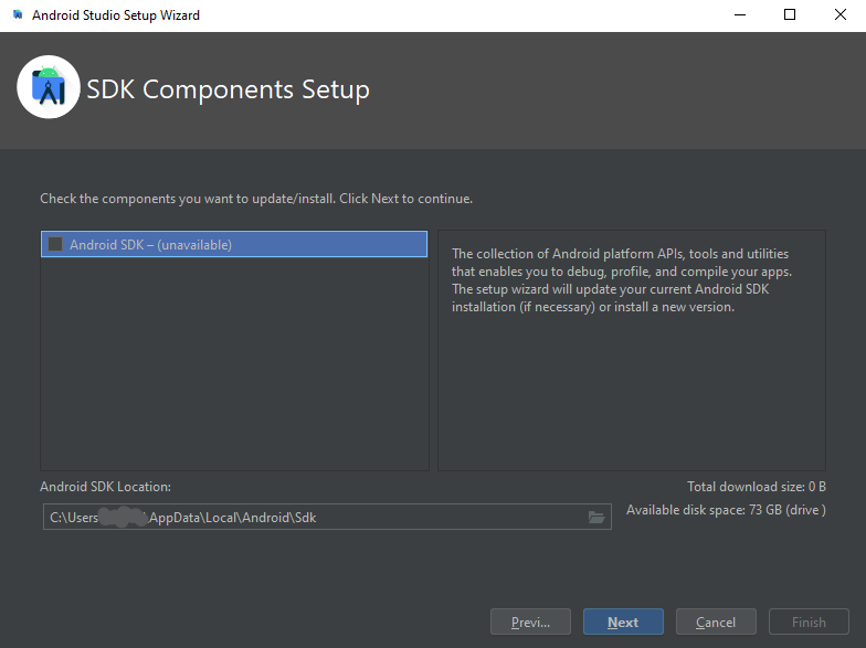 首次啟動 Android Studio 時 Android SDK 不可用