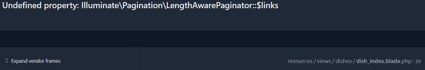 Laravel 索引 - 未定義屬性：Illuminate\Pagination\LengthAwarePaginator::$links