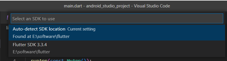 Visual Studio Code 中未選擇 Flutter SDK