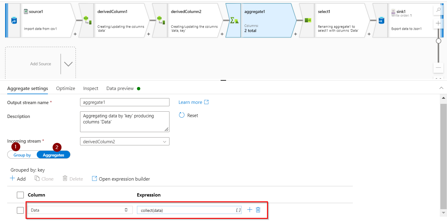 如何使用 Azure 資料工廠將 CSV 轉換為嵌套的 JSON 陣列？