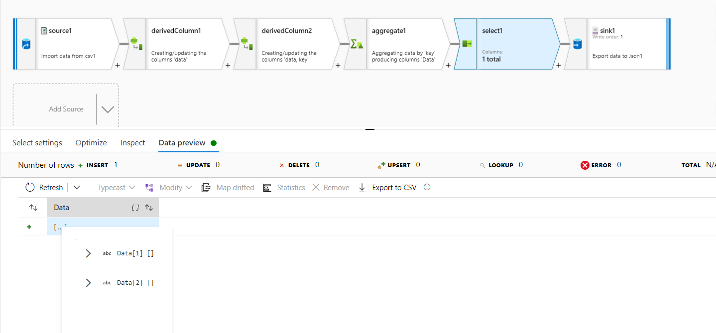 如何使用 Azure 資料工廠將 CSV 轉換為嵌套的 JSON 陣列？