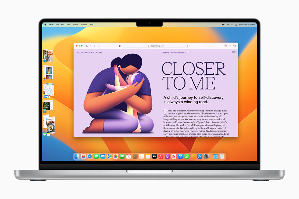 在 14 英寸 MacBook Pro 上，全新臺前調度功能將數個 app 視窗疊放在 Safari 瀏覽器視窗左側，