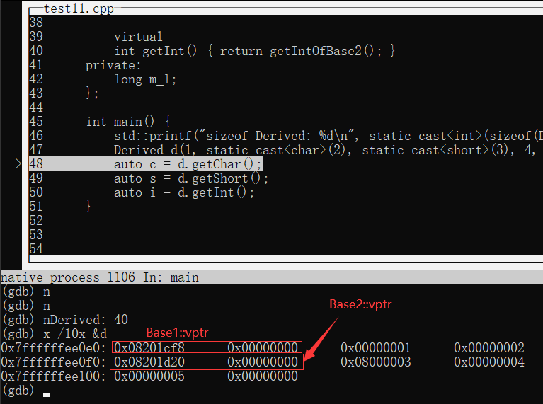 gdb除錯test11.cpp，兩個虛函式表