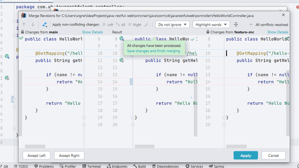 使用 git 時如何“標記解決”IntelliJ 中的沖突？