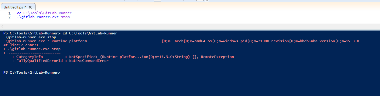 Powershell ISE 在使用 GitLabRunner 時拋出 RemoteException