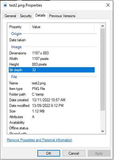 手動讀取與 Windows 屬性值不匹配的 PNG 標頭的 BitDepth