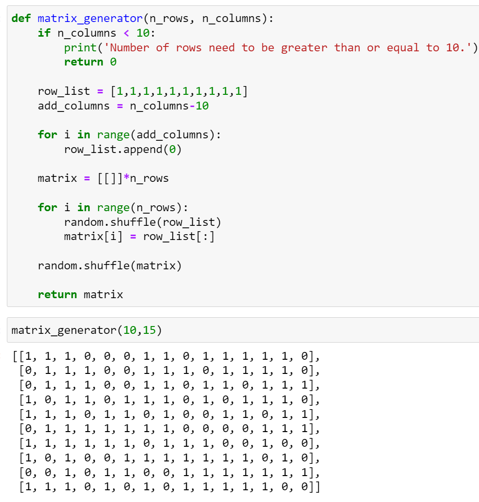 如何在python中生成一個隨機的0和1的矩陣，其中每行的總和等于10
