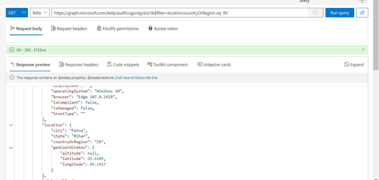 Microsoft Graph REST API：按國家篩選登錄