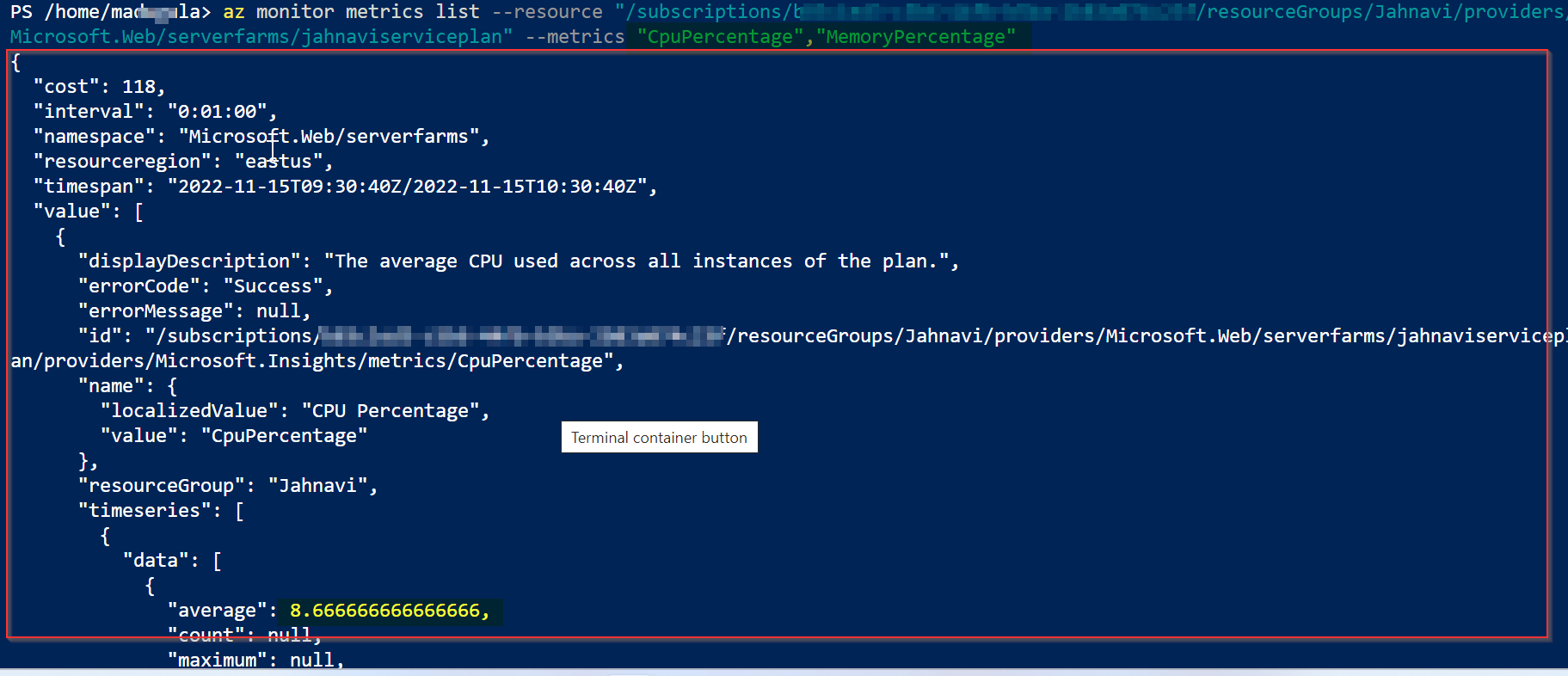 如何使用 Powershell 獲取 Azure 應用服務的 CPU 使用率？