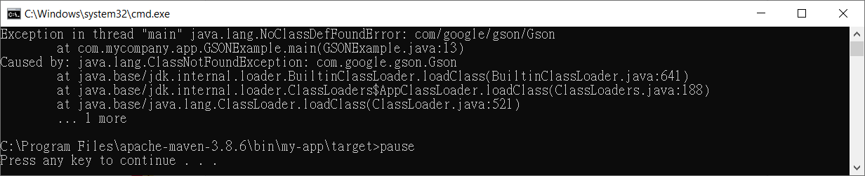 Apache Maven 3.8.6 (JDK-19 Gson2.10) 獲取NoClassDefFound錯誤