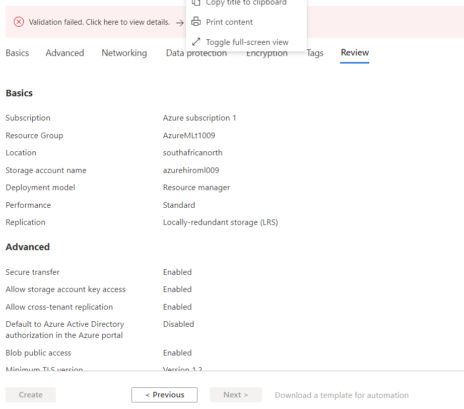 無法創建 Azure 存盤帳戶