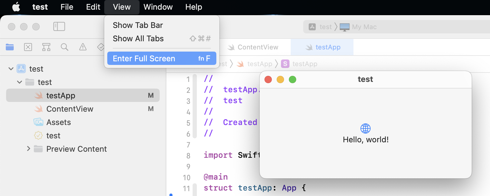 如何在 SwiftUI 的 macOS 的視圖選單中禁用甚至洗掉 EnterFullScreen 選項？