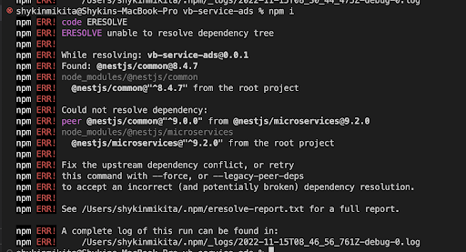 錯誤！安裝@nest/microservices 時ERESOLVE 無法決議依賴樹