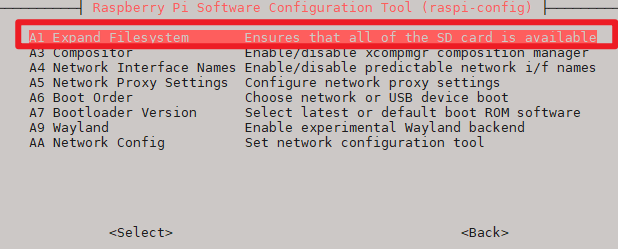 選擇 A1: Expand Filesystem