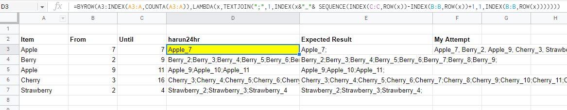 使用 Google 表格 ARRAYFORMULA 連接基于每行從最低值到最高值的專案系列