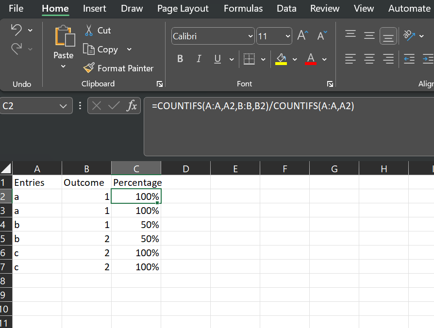 需要 excel 公式來計算具有不同重復值的結果百分比
