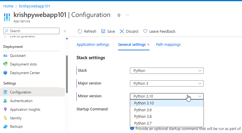 如何將 Azure App Service Python 版本從 3.9.7 更改為 3.9.12？
