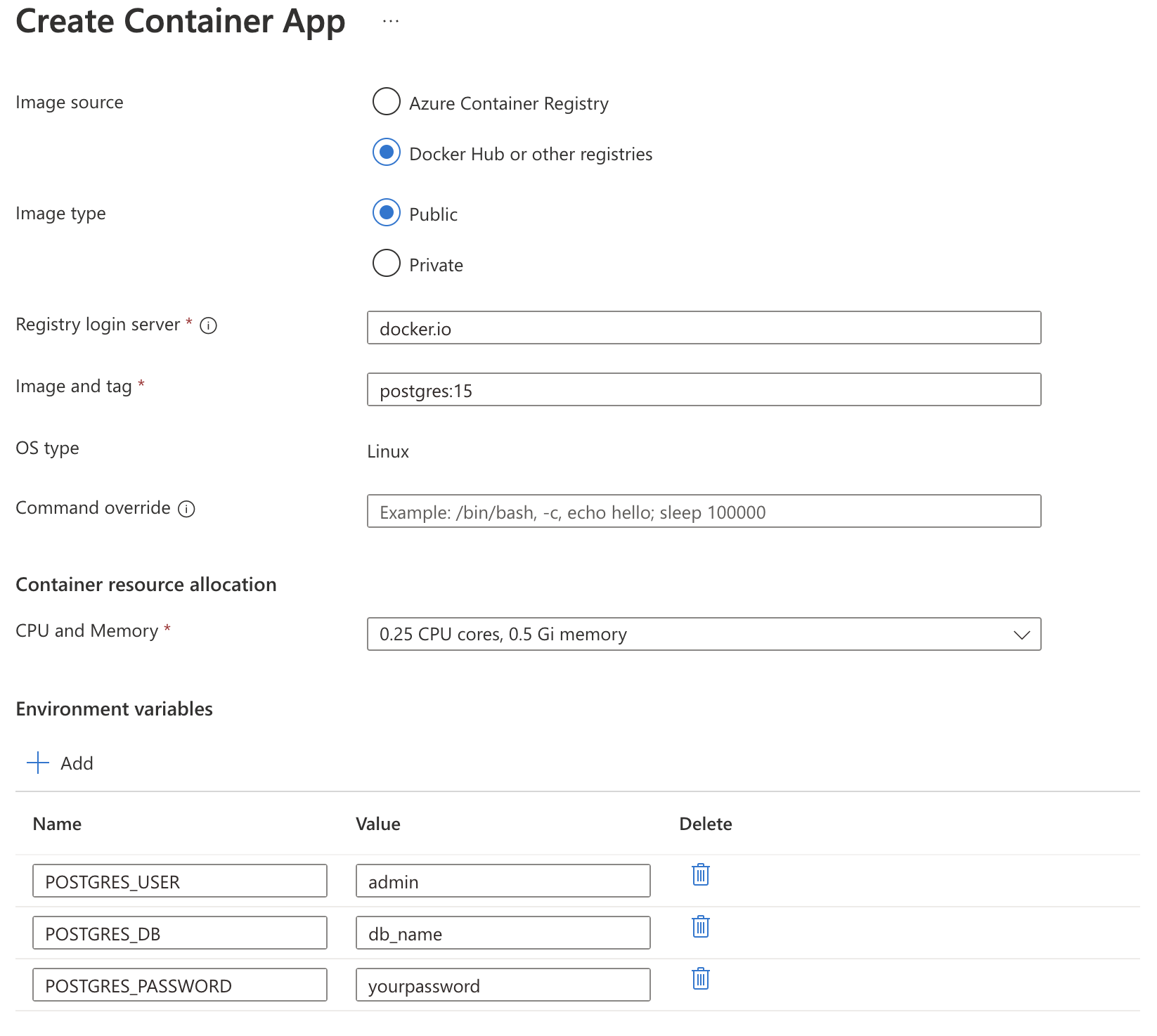 在 Azure 容器應用程式中部署 Postgres DB