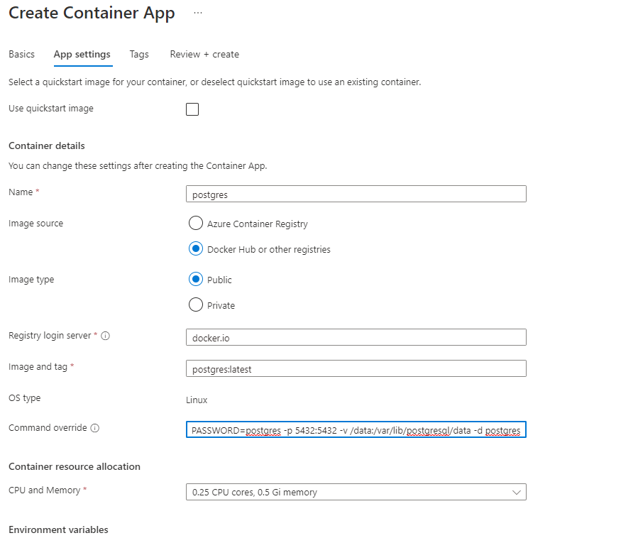 在 Azure 容器應用程式中部署 Postgres DB